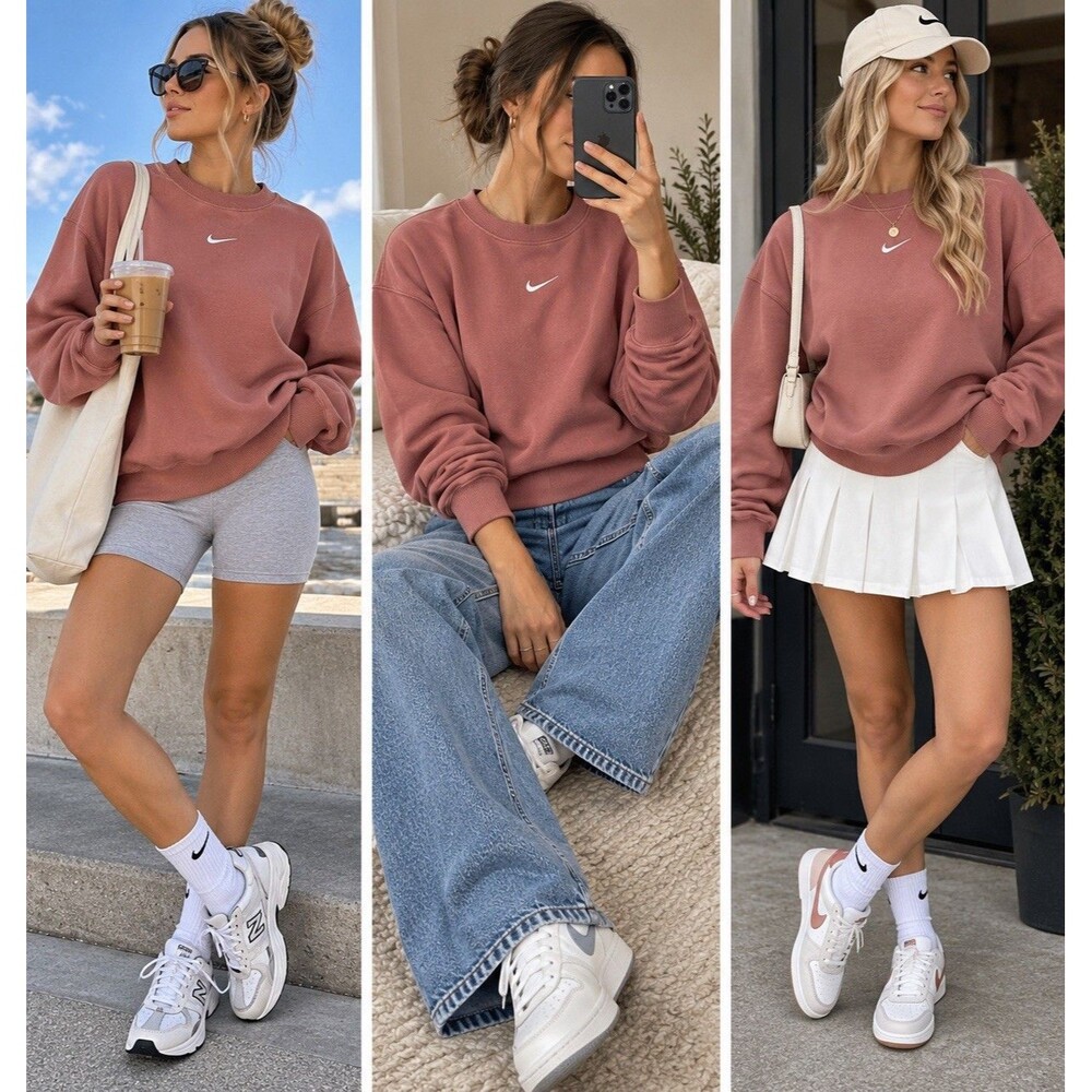 Nike Phoenix Fleece Oversized Crewneck W S Dusty Rose Pink Swoosh Sweatshirt